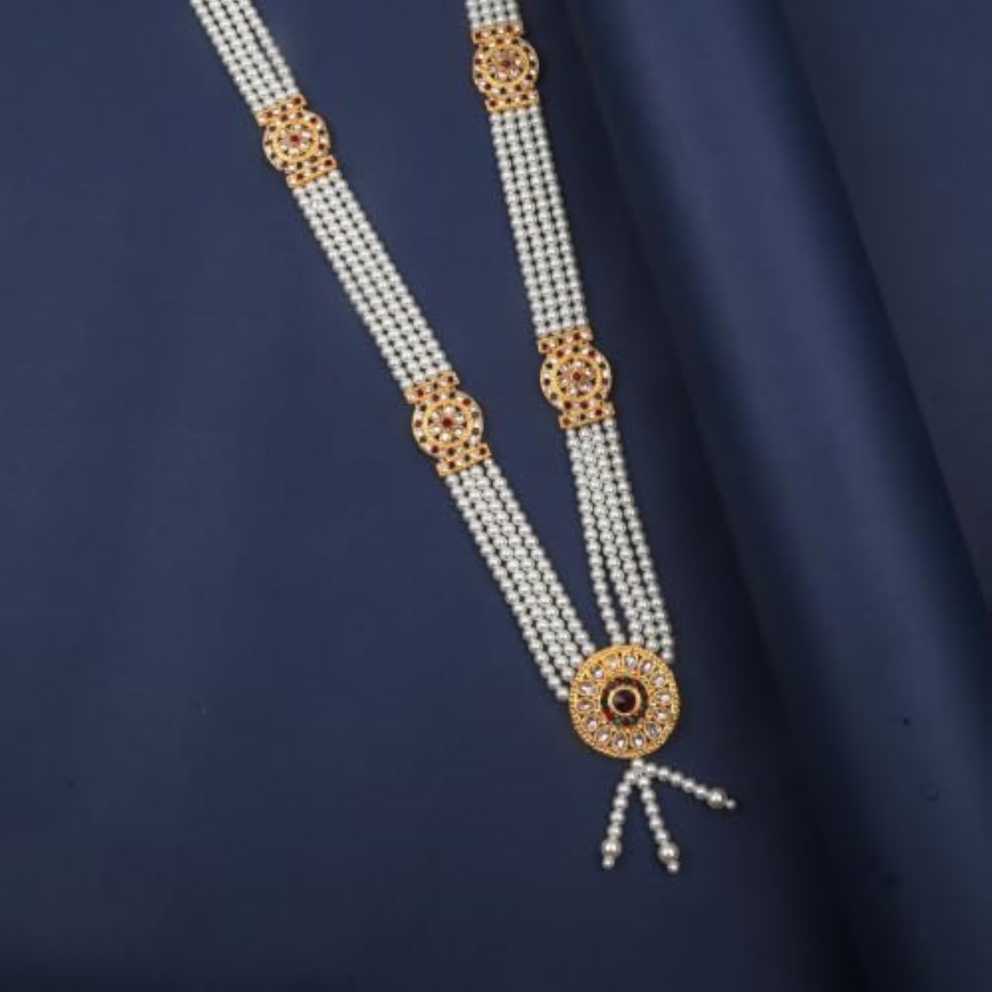 Five Layer Pearl Mala Necklace with Red & Green Stone Motifs